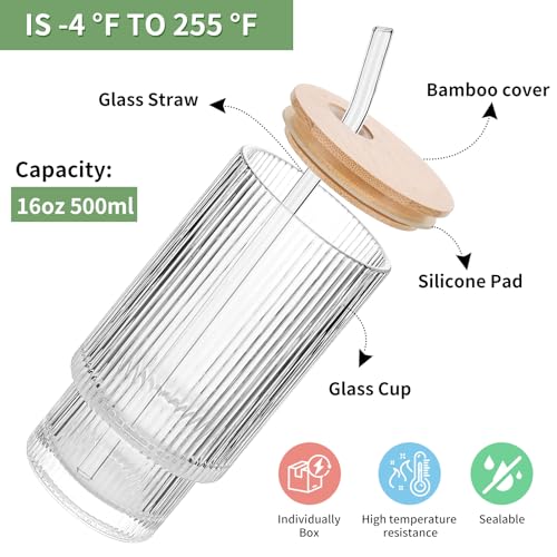 Salpae 2 Pack Glass Cups with Lids and Straws, 16oz Ribbed Drinking Glasses Tumblers Durable Drinkware Water Glasses Cup I...