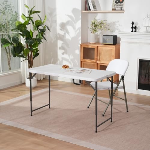 4ft Folding Table with Adjustable Height, 3-Level Foldable Table with HDPE Top & Steel Legs, Portable 4 Foot Folding Table...