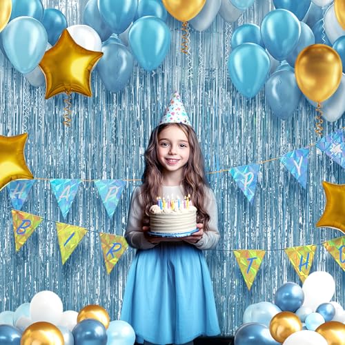 2 Pack Light Blue Fringe Backdrop, 3.2x8.2ft Shining Foil Tinsel Curtains, Birthday Party Decorations Door Streamers for H...