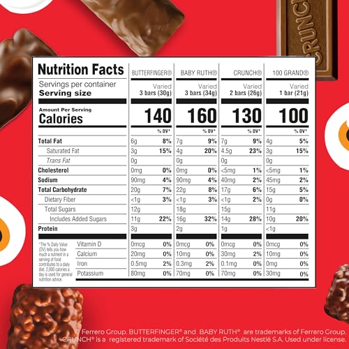 Butterfinger, CRUNCH, Baby Ruth, 100 Grand Fun Size Assorted Candy Bars, Great for Sharing, Bulk 60 Count Pack, 37.2 oz