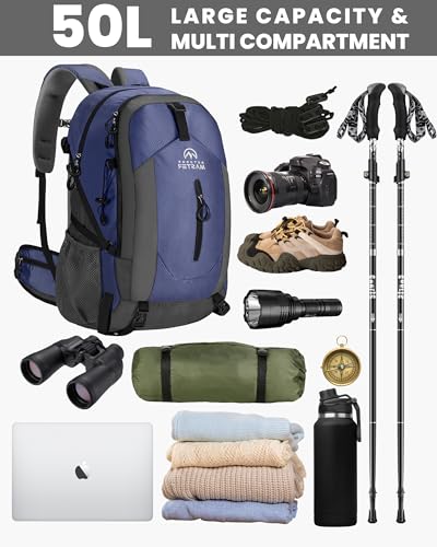 OutdoorMaster 50L Hiking Backpack with High Strength Aluminum Support, Lightweight Travel Daypack with Rain Cover, Waterpr...
