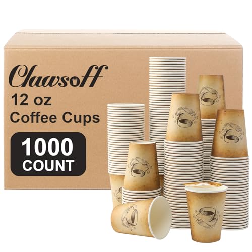 Clawsoff 12 oz 1000 Pack Disposable Paper Coffee Cups, Hot/Cold Beverage 12oz Disposable Coffee Cups, Retro Design, Leak-P...