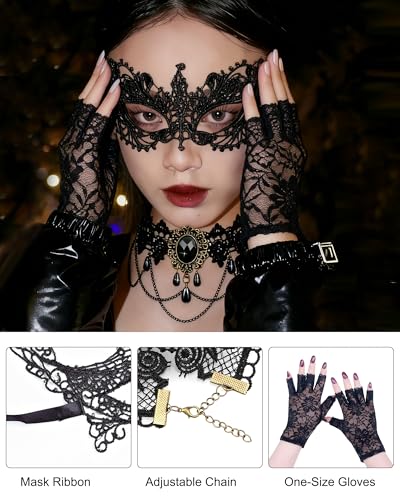 Quafochi 4pcs Masquerade Mask Set for Women – Gothic Choker, Gloves & Lace Masks, Adjustable & Lightweight for Halloween, ...