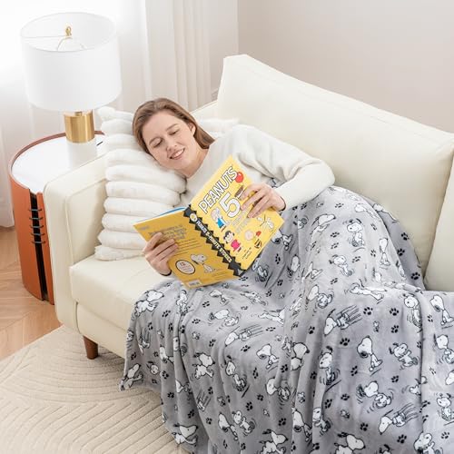 Berkshire Blanket Peanuts® VelvetLoft® Cute Character Snoopy Plush Throw Blanket,Peanuts Poses and Paws Grey,Throw 55 in x...