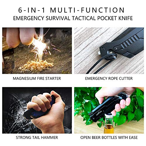 ALBATROSS 6-in-1 Survival Tactical Military Folding Pocket Knives with LED Light,Seatbelt Cutter,Glass Breaker,Magnesium F...