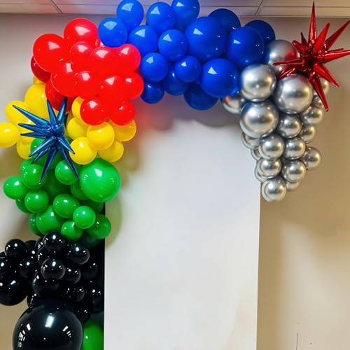 Black and Red Yellow Blue Balloons, 12 Inch Black Red Yellow Blue Green Metallic Silver Confetti Balloons with Star Foil B...