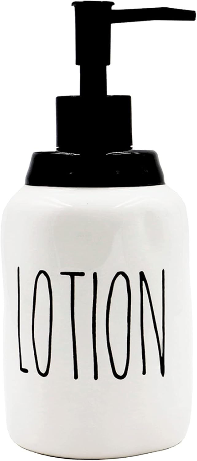 Ceramic Liquid Soap Dispenser, Modern Farmhouse Style Kitchen Counter Décor, Ideal for Kitchen Dish Soap, Hand Soap, Essential Oil & Lotion (Lotion, White Bottles with Black Pump and Lettering)