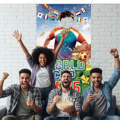 2026 World Cup Photo Banner 71x35 Inches 2026 Soccer Player Cutout Backdrop with Face Hole for World Cup Soccer Party Deco...