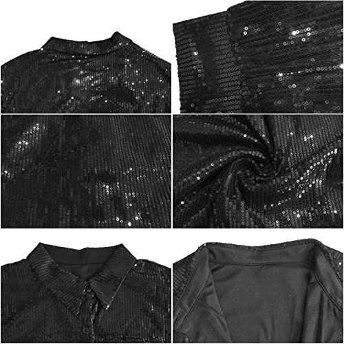 Midi Sequin Dress for Women Sparkle Button Down Sexy Shirt Dresses Long Sleeve Party Club Dress