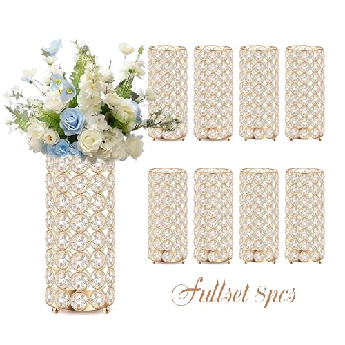 8 Pcs Gold Crystal Flower Vase and Pillar Candle Holder Set, 7.87" Metal Cylinder Stand for Wedding Table Centerpieces, Fl...