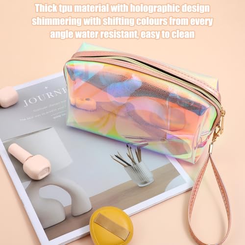 APLZGMG 2 Pcs Clear Iridescent Holographic Makeup Bag, Glitter Travel Cosmetic Pouches with Zipper, Waterproof Toiletry Or...
