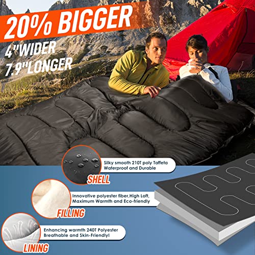 MEREZA Double Sleeping Bag for Adults Mens with Pillow, XL Queen Size Two Person Sleeping Bag for All Season Camping Hikin...