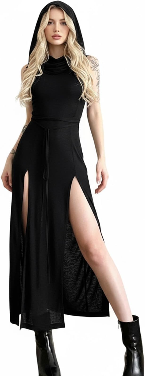 CAPE CLIQUE Rave Outfits for Women Festival Sexy Halloween Costume High Slit Sheer Gothic Dress with Hood Swimsuit Cover Ups
