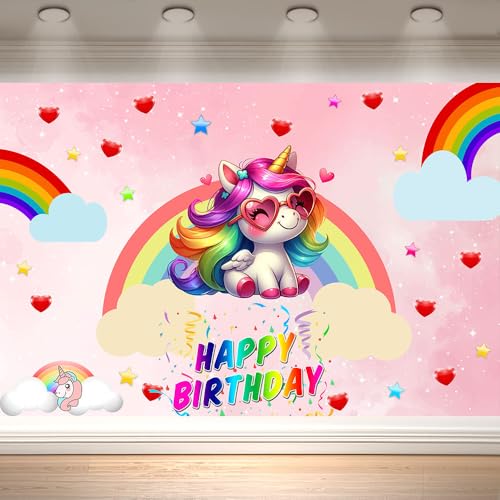 Unicorn Birthday Backdrop Decorations for Girls Party 7x5ft Pastel Rainbow Glitter Stars Dotsphotography Background Happy ...