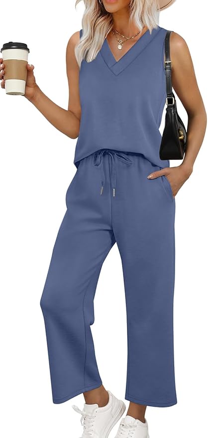 WIHOLL Two Piece Sets for Women Summer Outfits Matching Lounge Sets Wide Leg Crop Pants Vacation Travel