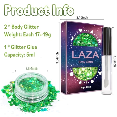 Laza 2 Jars St. Patrick’s Day Body Glitter Iridescent Chunky Sequins with Glitter Glue Women Eyeshadow Makeup Face Paint F...