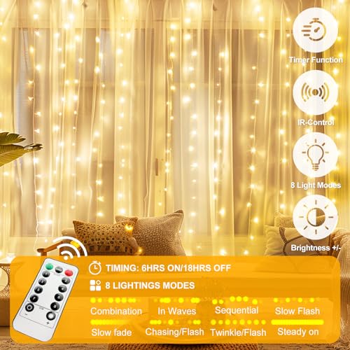 HOLITS 300 LED Fairy Curtain Lights, 9.8 x 9.8FT Warm White USB Plug in 8 Modes Hanging Lights with Remote for Christmas, ...