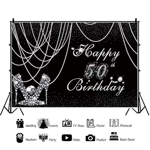 Women Happy 50th Birthday Black and Silver Backdrop for Photography 7x5ft Pearl Curtain Silver Diamond High Heels Sparkly ...