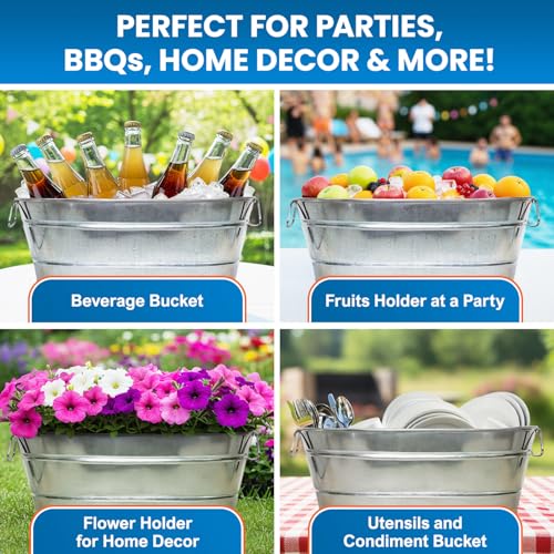 PLEXON Galvanized Tub with Handles - Beverage Tub - Metal Ice Bucket for Parties - Ice Bucket for Cocktail Bar Restaurant...