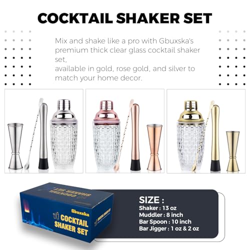 Gbuxska Gold Cocktail Shaker Set - Glass Cocktail Shaker with Strainer - Martini Shaker Set -Matching Cocktail Jigger & Ba...
