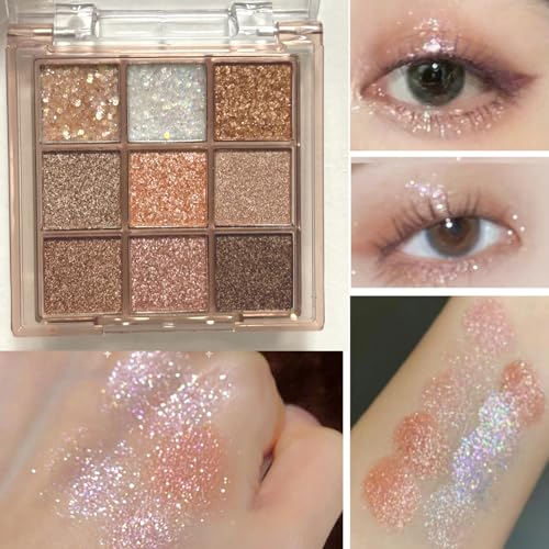 9 Colors Glitter Shimmer Eyeshadow Makeup Palette, Korean Sparkle Neutral Eye Shadow Palettes Highly Pigmented Long Lastin...