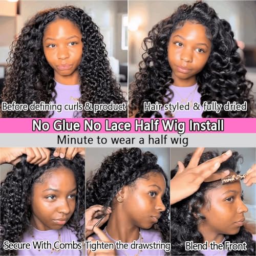 Half Wig Human Hair Water Wave Half Wig 3 in 1 Glueless Wigs 200 Density Wear and Go Wigs Seamless Flip Over with Drawstring Beginner Friendly Curly Wig Headband Wig for Women 20 Inch