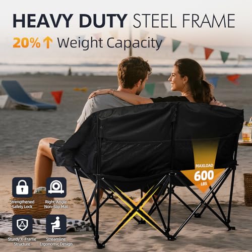 Double Camping Chair Loveseat - 2 Person Oversized Camping Couch for Adults Padded Heavy Duty Outdoor Lawn Beach Portable ...