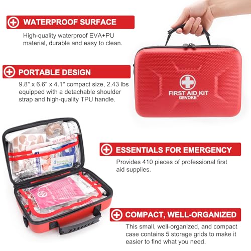 Gevoke 410 Piece Waterproof Hard Shell First Aid Kit for Home, Car, Travel, Camping, Truck, Hiking, Sports, Office, Vehicl...