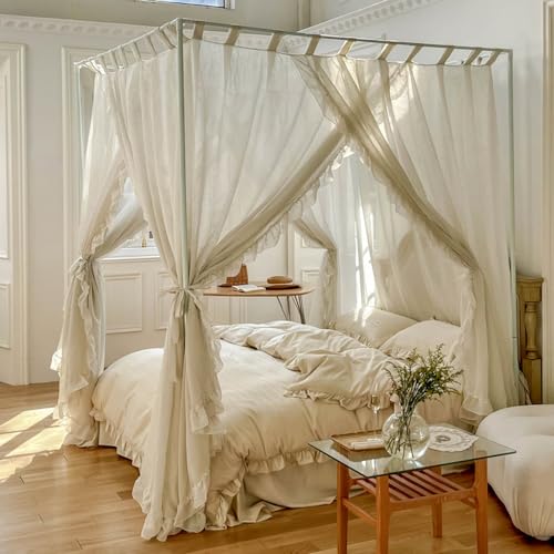 Mengersi Canopy Bed Curtains,Linen Bed Canopy Curtains 4 Corner Bed Drapes Canopy Curtains for Bedroom Decor (Ivory,Full)