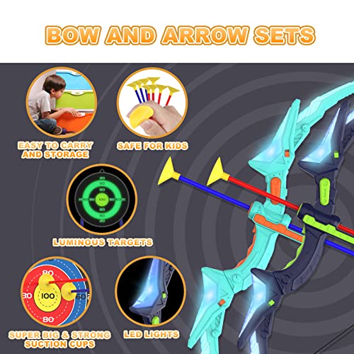 Kmuxilal 2 Pack Kids Bow and Arrow Set with LED Flash Lights, 14 Suction Cup Arrows and Fluorescence Standing Target-Perfe...