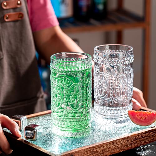 Claplante Vintage Drinking Glasses Set - 12 Pcs Romantic Highball Tumblers, 15oz Cups for Water, Mojito, Cocktail, Whiske...
