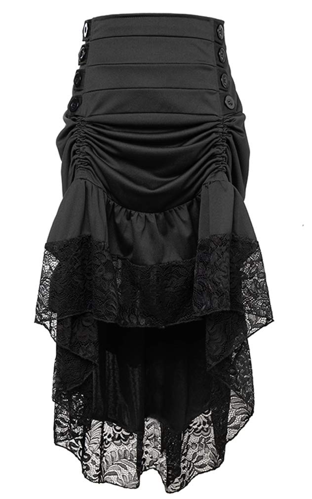 Charmian Women's Steampunk Victorian Gothic High Waist Lace Trim Ruffled High Low Bustle Skirt Black Small