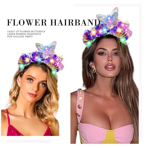 Fdesigner Light Up Flower Headbands Big Butterfly Laser Rave Hairbands Leaf Headpiece LED Women Headbands