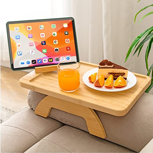 SINWANT Couch Arm Tray,Bamboo Sofa Clip on Side Table,Foldable Couch Armrest Table with 360° Phone Holder,Food Trays for E...