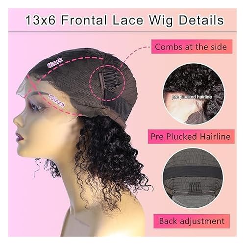 13x6 Deep Wave Lace Front Wigs Short Curly Bob Wig Human Hair 200 Density HD Glueless Lace Frontal Human Hair Wigs for Black Women Pre Plucked Natural Black 10 Inch