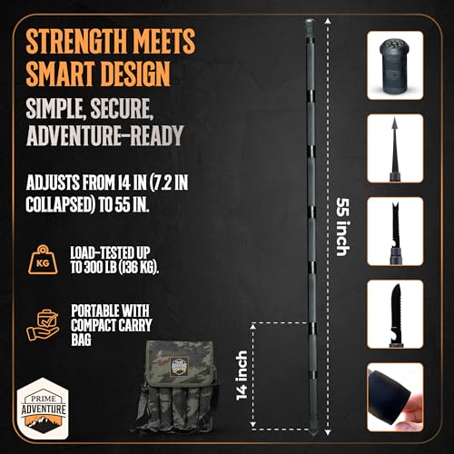 Prime Adventure 15-in-1 Tactical Survival Walking Stick & Hiking Staff – Heavy-Duty Collapsible Multitool for Camping, Hik...