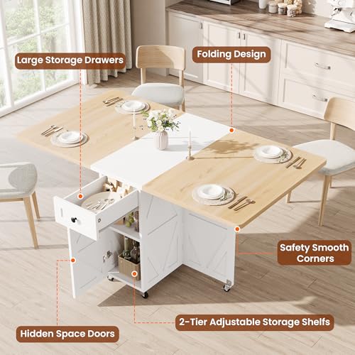Jocoevol Space Saving Folding Dining Table for 4, Farmhouse Foldable Dining Table with Drawer and Storage Shelf, 6 Wheels ...
