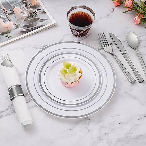 Goodluck 350 Piece Silver Plastic Dinnerware Set for 50 Guests, Fancy Disposable Plates for Party, Include: 50 Dinner Plat...