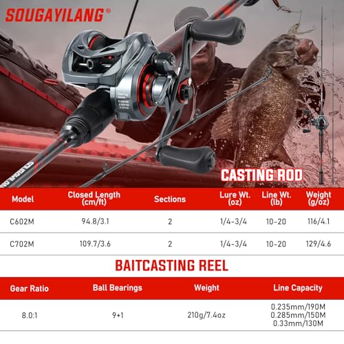 Sougayilang Fishing Rod and Reel Combo, Baitcasting Combo, Baitcaster Reel with 2-Piece Durable Carbon Fiber Casting Rod f...