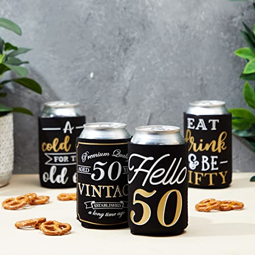 Sparkle and Bash 50th Birthday Can Cooler Sleeves - Medium, Black & Gold, 12-Pack - Insulated Neoprene Holder for 12 Oz Ca...