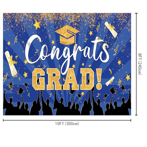 2026 Congrats Grad Graduation Backdrops 10x8 FT Blue and Gold Picture Background Class of 2026 Graduation Prom Party Banne...