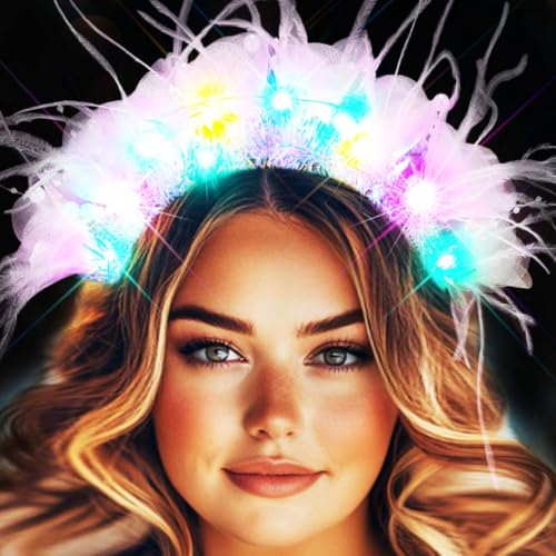 Latious LED Crown Headband White Light Up Feather Headpiece Glow Rave Headbands for Bride and Women (White-Colorful Light)