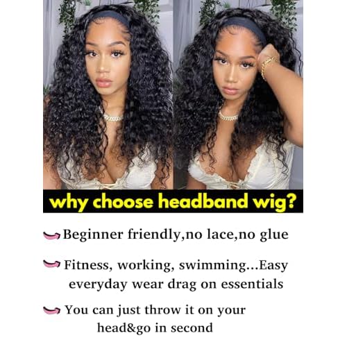 Water Wave Headband Wig Human Hair 220 Density Upgrade Curly Drawstring Headband Wigs Human Hair Wear and Go Glueless Wigs for Black Women 22inch None Lace Front Wigs Natural Color