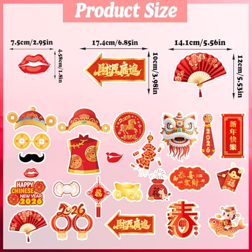 Happy Chinese New Year Photo Booth Props- 24Pcs 2026 Lunar New Year Photo Booth Props, 2026 Chinese New Years Party Suppli...