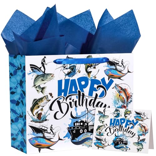 WRAPAHOLIC 13" Adventure Fishing Birthday Gift Bag with Card and Tissue Paper - Navy Blue Fish and Angler Design Paper Bag...