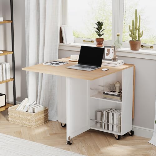 BHAODEAL Folding Dining Table with 6 Wheels, Drop Leaf Tables for Small Spaces, Foldable Dining Table with 2-Layer Storage...