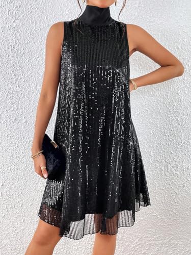 Floerns Women's Contrast Sequin Sleeveless Tank Dress High Neck Bow Shiny Party Dress