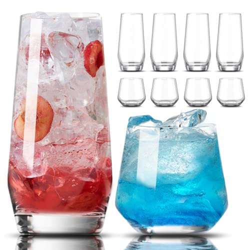 Mfacoy Drinking Glasses Set of 8-4 Tall Glass Cups 18 oz & 4 Short Stemless Wine Glasses 13 oz, Highball Glasses, Glasswar...