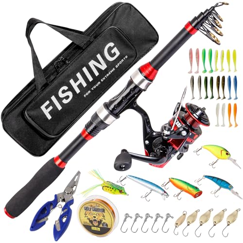 I00000 Fishing Rod and Reel Combos with Fiberglass Telescopic Fishing Pole - Spinning Reel Fishing Carrier Bag, Freshwater...