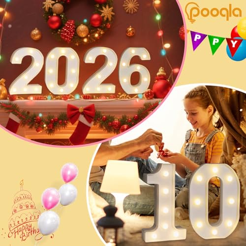 Pooqla Decorative Led Light Up Number Letters, White Plastic Marquee Number Lights Sign Party Wedding Decor Battery Operat...